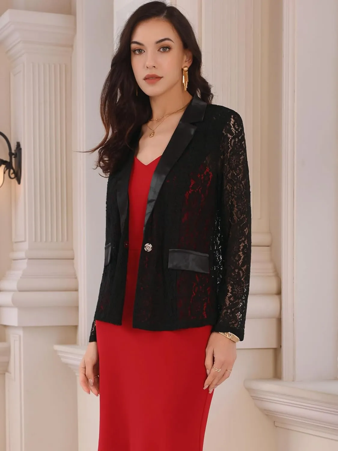 Women's Lace Blazer Cardigan Formal Lapel Collar One Button Dressy Cocktail Blazers