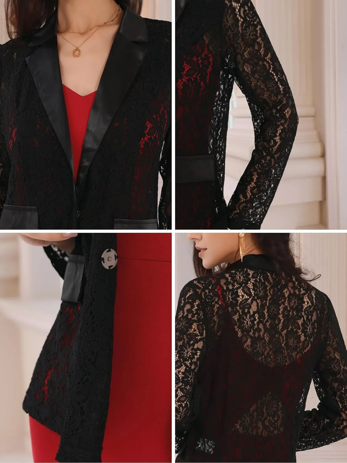 Women's Lace Blazer Cardigan Formal Lapel Collar One Button Dressy Cocktail Blazers