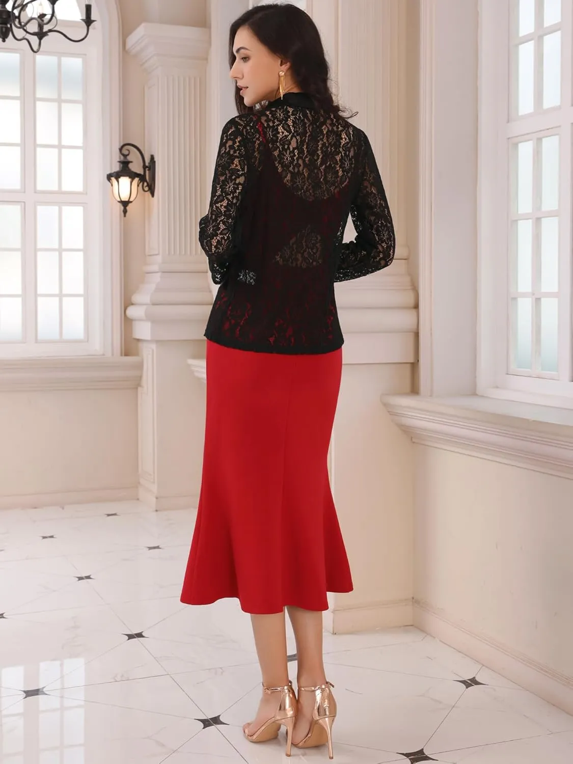 Women's Lace Blazer Cardigan Formal Lapel Collar One Button Dressy Cocktail Blazers