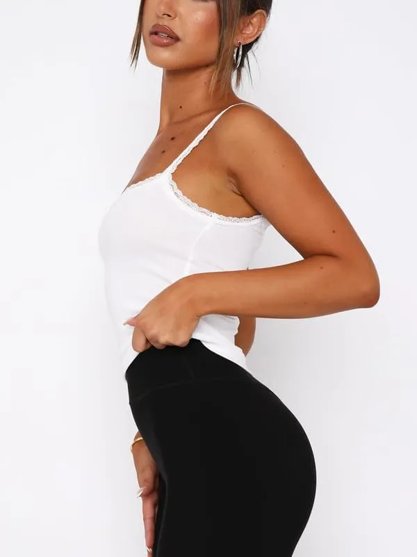 Womens Lace Camisole Ribbed Spaghetti Strap Tank Top Y2K Undershirts Cami Tops Summer Clothes Basics Clothing