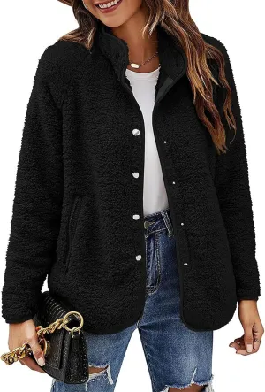 Women's Lapel Button Down Warm Fuzzy Fleece Jacket Long Sleeve Cardigan Coat Oversized Winter Outwear with Pockets