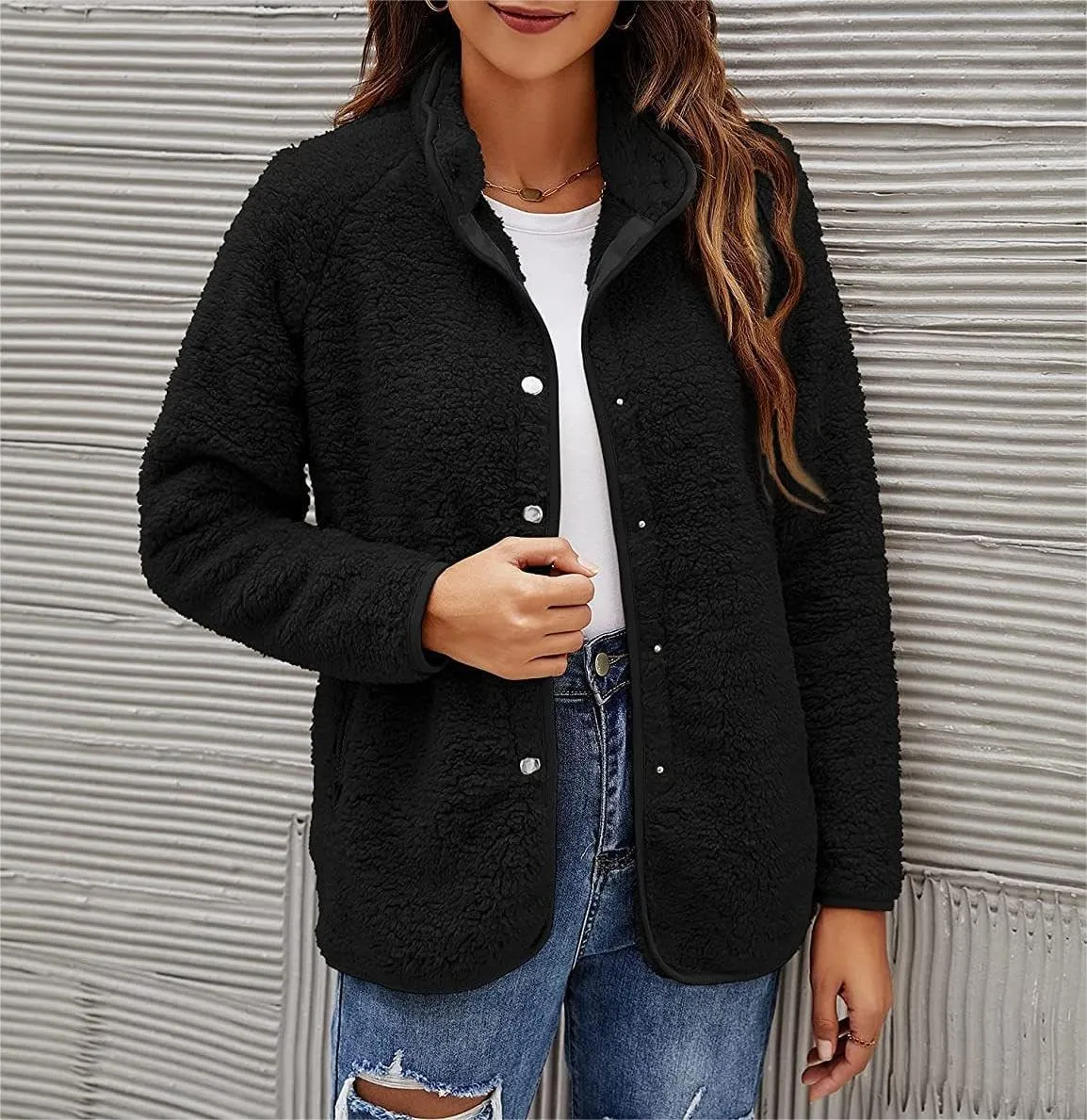 Women's Lapel Button Down Warm Fuzzy Fleece Jacket Long Sleeve Cardigan Coat Oversized Winter Outwear with Pockets