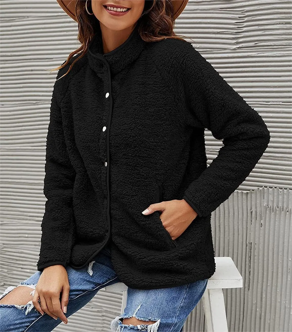 Women's Lapel Button Down Warm Fuzzy Fleece Jacket Long Sleeve Cardigan Coat Oversized Winter Outwear with Pockets