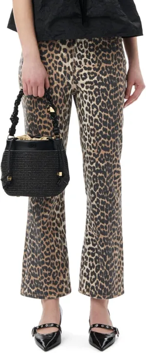 Women's Leopard Bell Bottom Jeans Cropped Mid Rise Stretchy Cheetah Print Flared Demin Pants