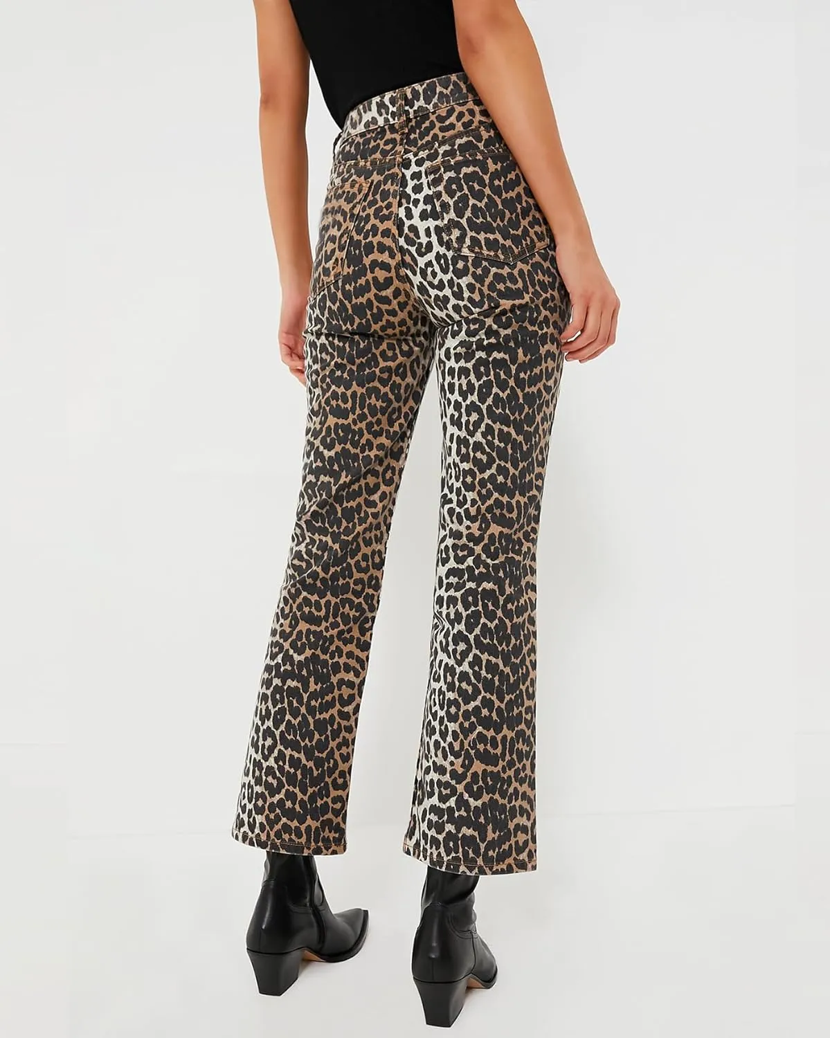 Women's Leopard Bell Bottom Jeans Cropped Mid Rise Stretchy Cheetah Print Flared Demin Pants