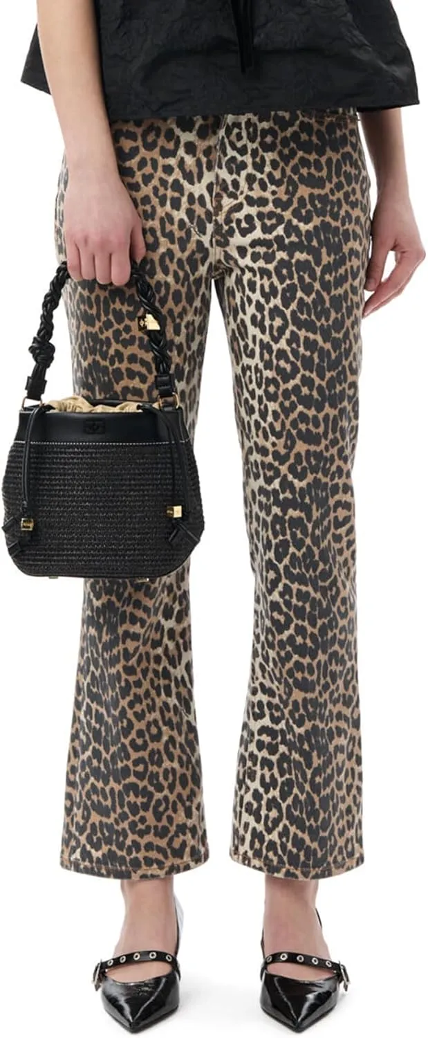 Women's Leopard Bell Bottom Jeans Cropped Mid Rise Stretchy Cheetah Print Flared Demin Pants