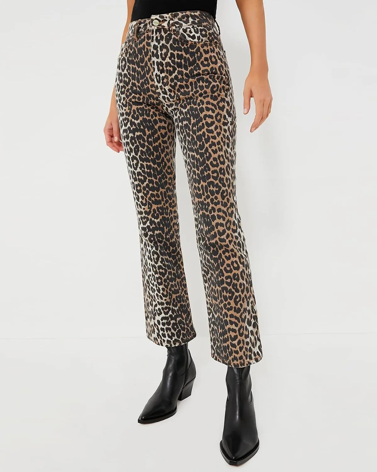 Women's Leopard Bell Bottom Jeans Cropped Mid Rise Stretchy Cheetah Print Flared Demin Pants