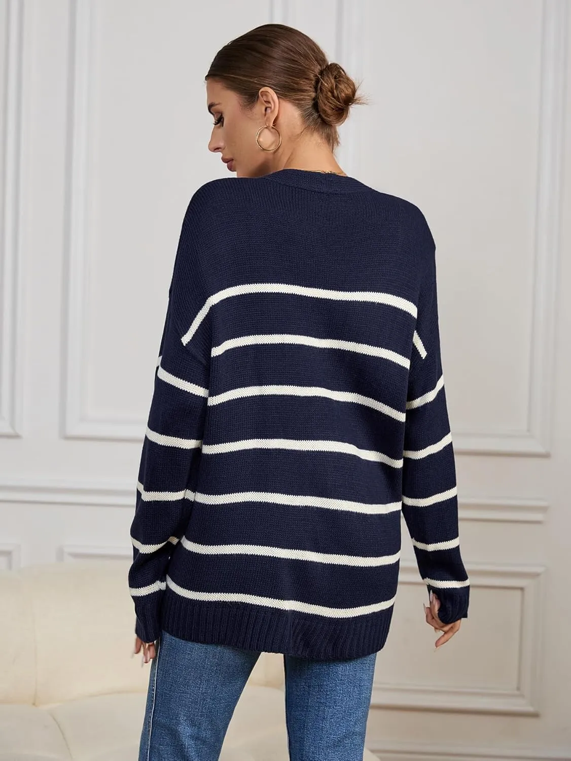 Womens Oversized Cute Striped V Neck Button Long Cardigan Fall 2024 Lightweight Ribbed Knit Sweater Cardigans