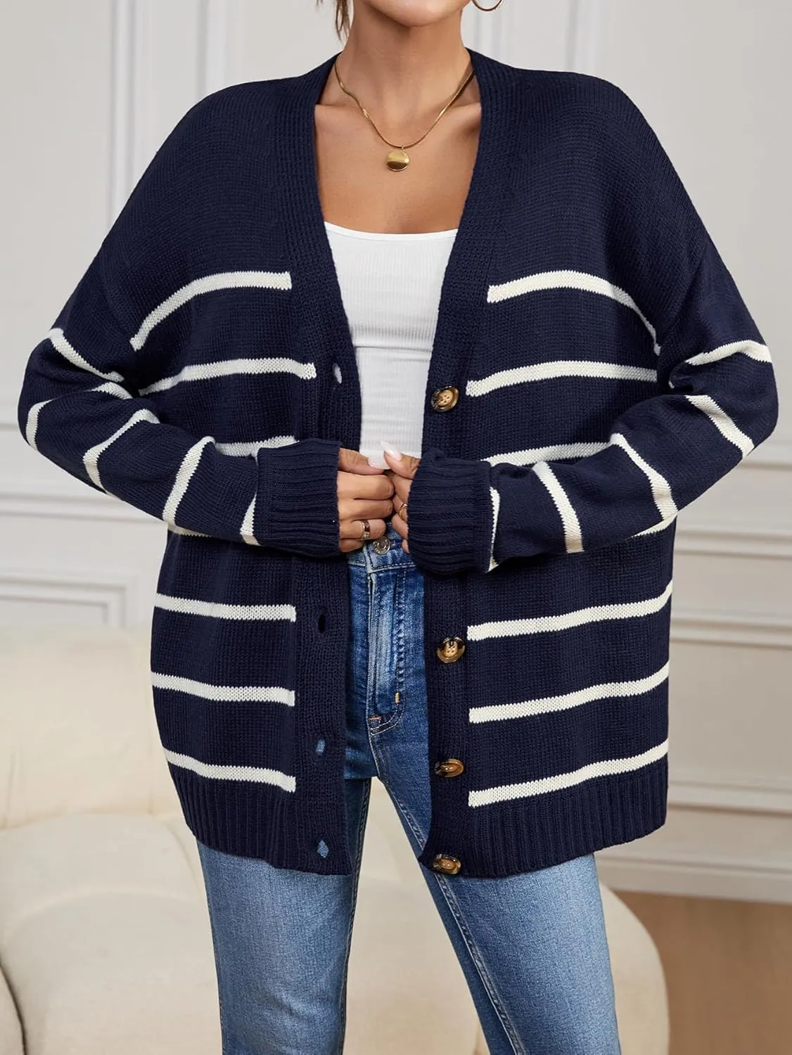 Womens Oversized Cute Striped V Neck Button Long Cardigan Fall 2024 Lightweight Ribbed Knit Sweater Cardigans