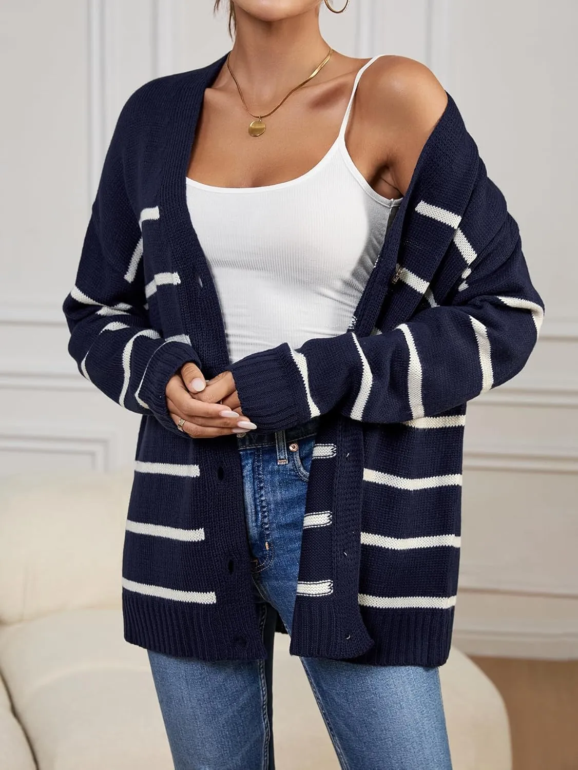 Womens Oversized Cute Striped V Neck Button Long Cardigan Fall 2024 Lightweight Ribbed Knit Sweater Cardigans