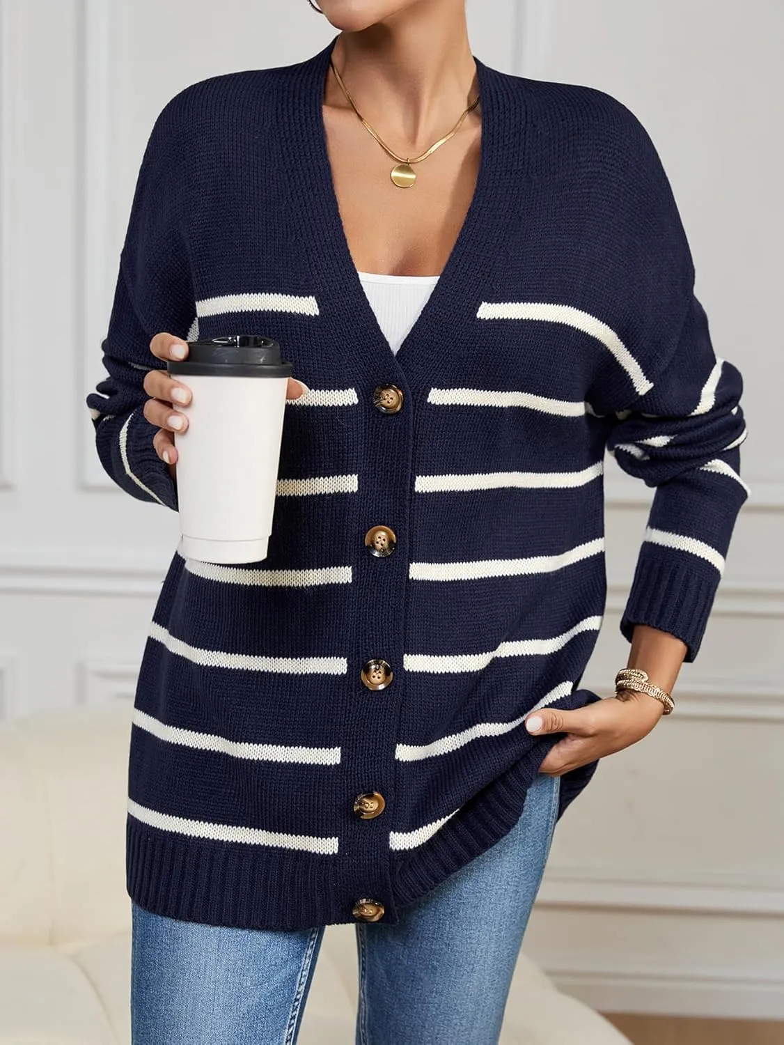 Womens Oversized Cute Striped V Neck Button Long Cardigan Fall 2024 Lightweight Ribbed Knit Sweater Cardigans