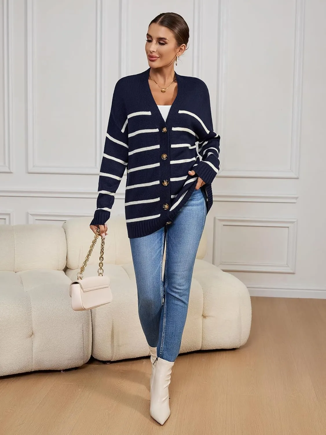 Womens Oversized Cute Striped V Neck Button Long Cardigan Fall 2024 Lightweight Ribbed Knit Sweater Cardigans