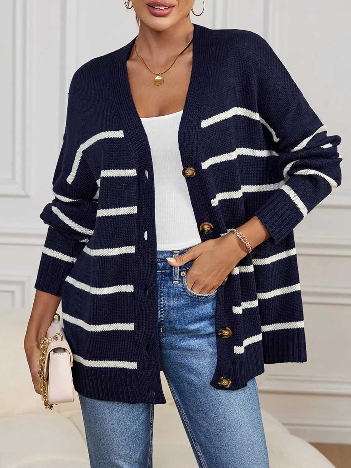 Womens Oversized Cute Striped V Neck Button Long Cardigan Fall 2024 Lightweight Ribbed Knit Sweater Cardigans