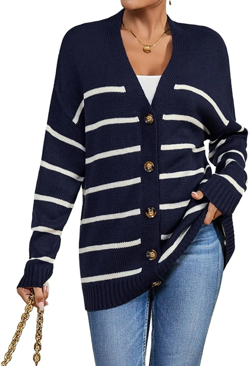 Womens Oversized Cute Striped V Neck Button Long Cardigan Fall 2024 Lightweight Ribbed Knit Sweater Cardigans
