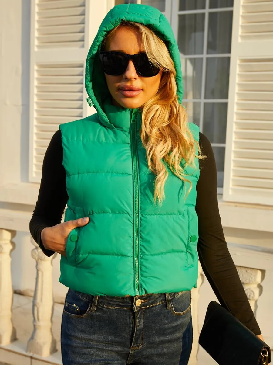 Women's Puffer Vest - Sleeveless Quilted Gilet with Detachable Hood or Crop, Lightweight Fall Winter Vest