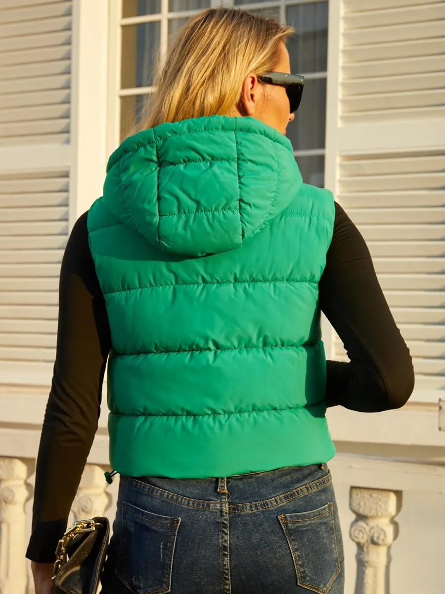 Women's Puffer Vest - Sleeveless Quilted Gilet with Detachable Hood or Crop, Lightweight Fall Winter Vest