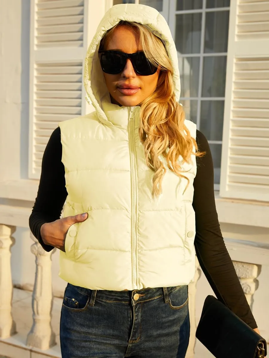 Women's Puffer Vest - Sleeveless Quilted Gilet with Detachable Hood or Crop, Lightweight Fall Winter Vest