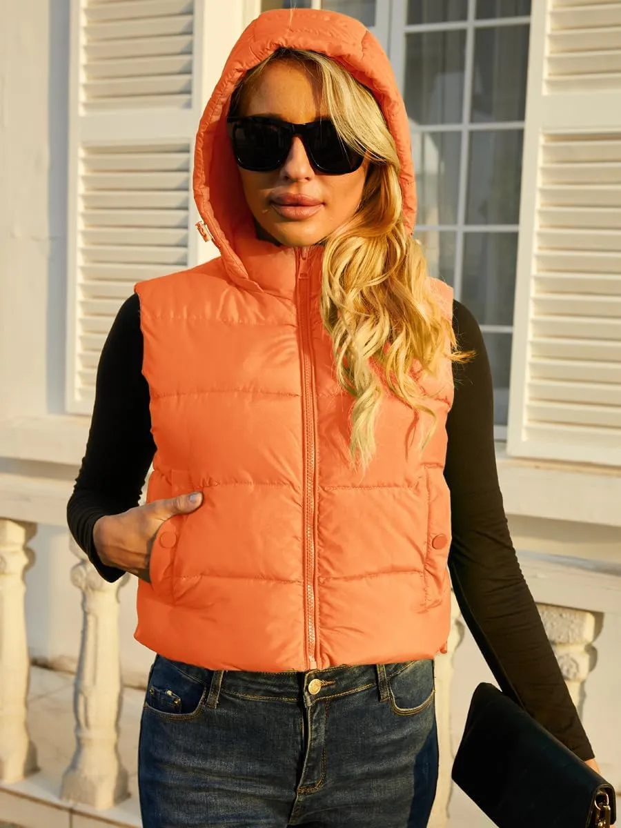 Women's Puffer Vest - Sleeveless Quilted Gilet with Detachable Hood or Crop, Lightweight Fall Winter Vest