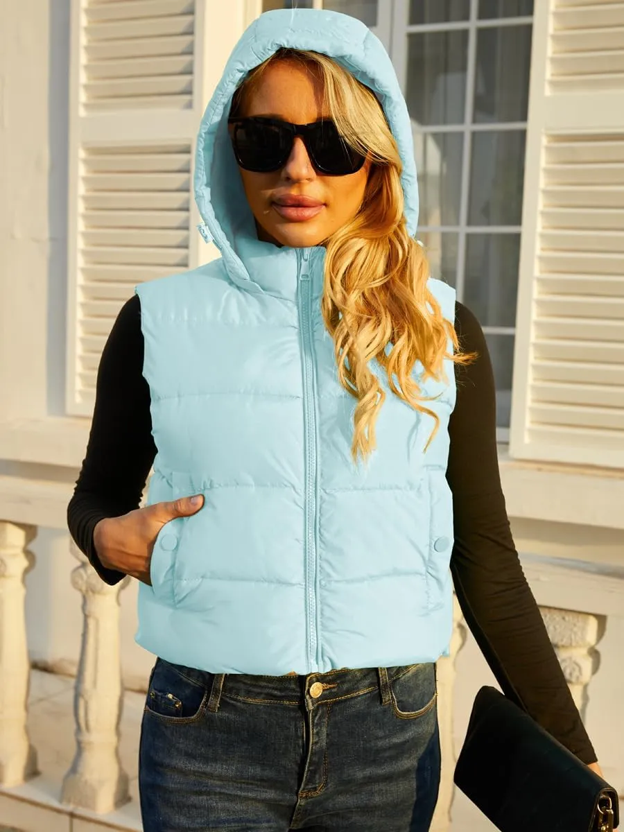 Women's Puffer Vest - Sleeveless Quilted Gilet with Detachable Hood or Crop, Lightweight Fall Winter Vest