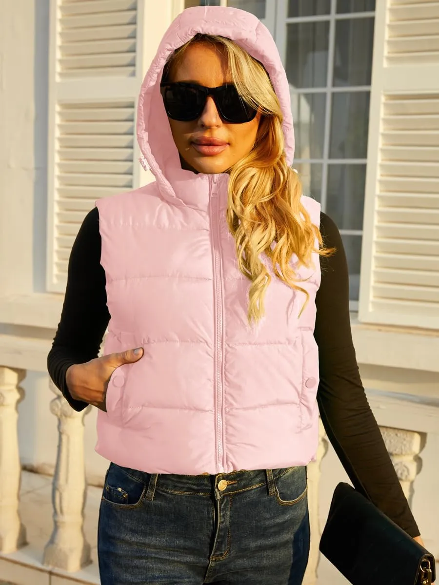 Women's Puffer Vest - Sleeveless Quilted Gilet with Detachable Hood or Crop, Lightweight Fall Winter Vest