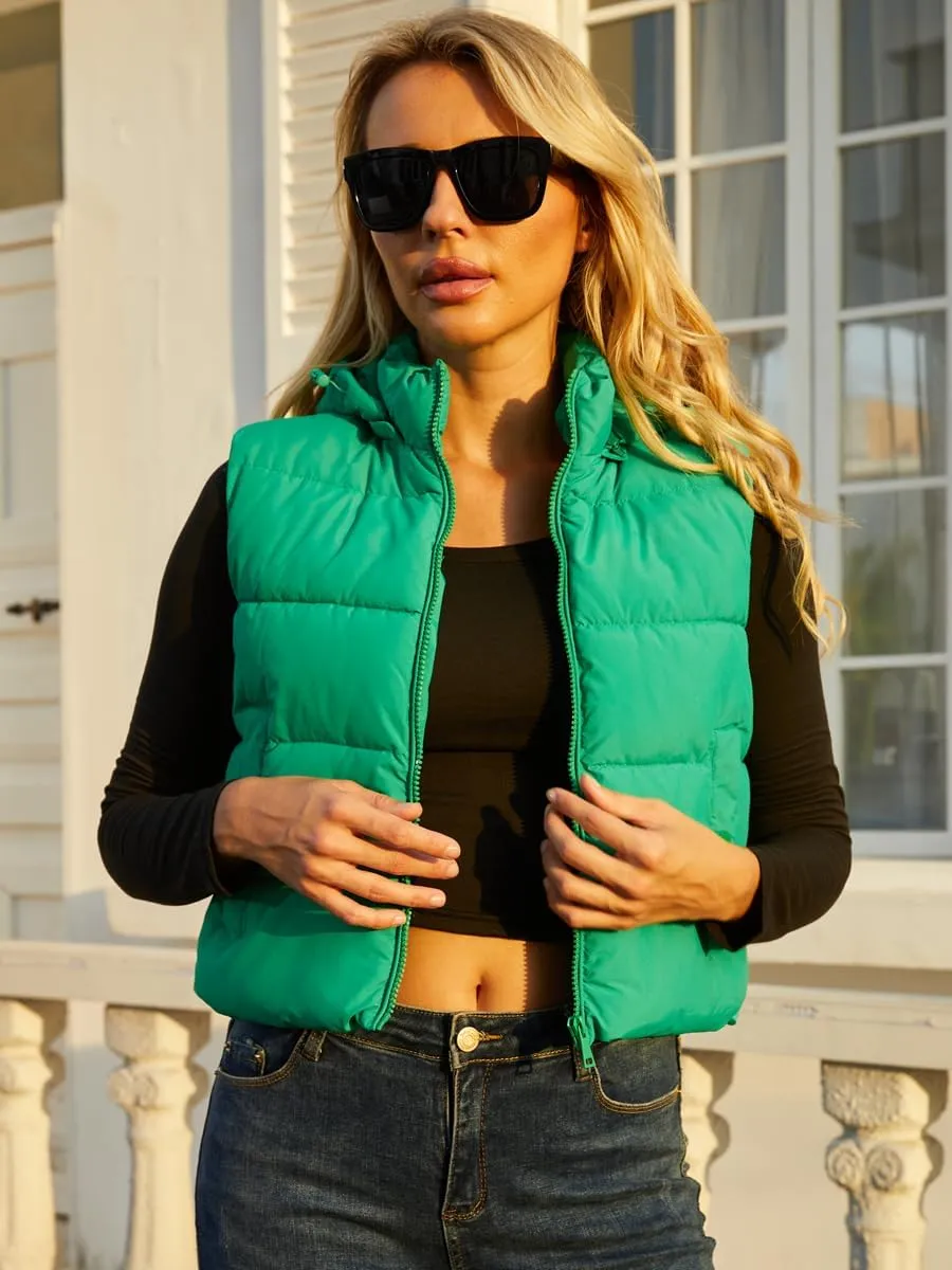 Women's Puffer Vest - Sleeveless Quilted Gilet with Detachable Hood or Crop, Lightweight Fall Winter Vest
