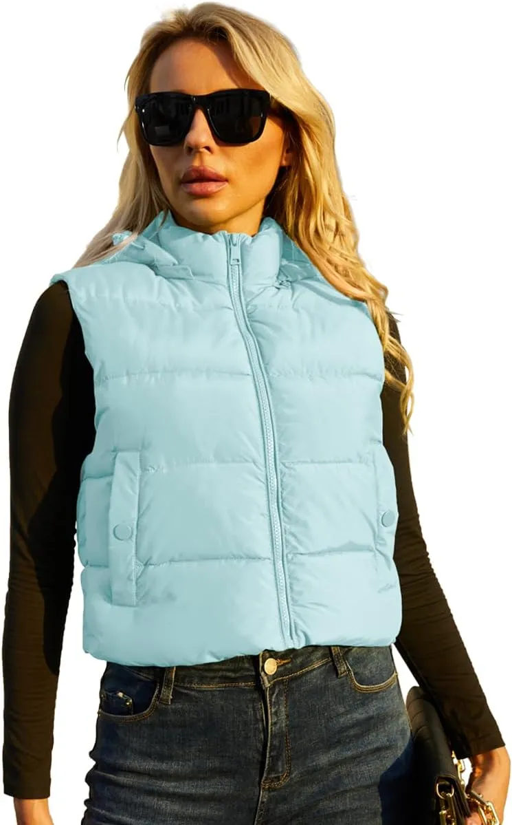 Women's Puffer Vest - Sleeveless Quilted Gilet with Detachable Hood or Crop, Lightweight Fall Winter Vest