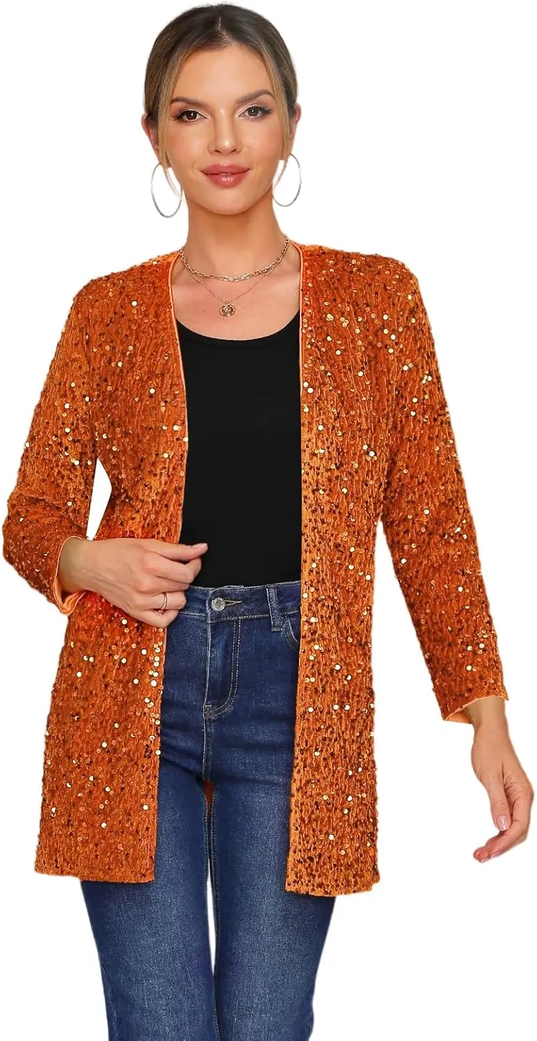 Women's Sequin Jacket Sparkly Blazer Open Front Glitter Cardigan Long Sleeve Coat for Casual Party Cocktail