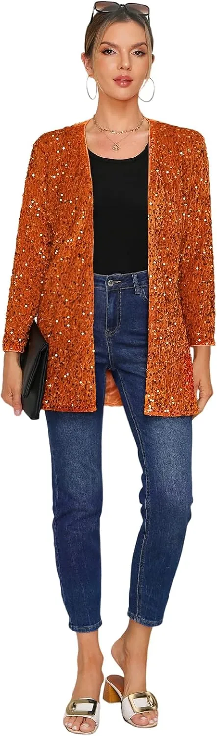 Women's Sequin Jacket Sparkly Blazer Open Front Glitter Cardigan Long Sleeve Coat for Casual Party Cocktail