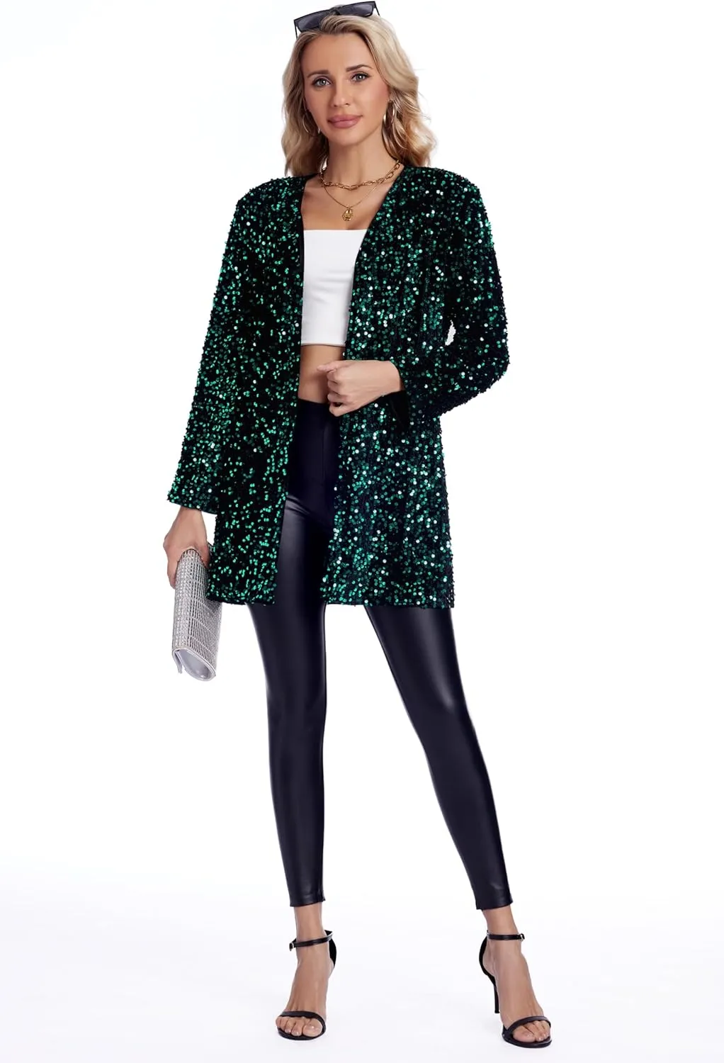 Women's Sequin Jacket Sparkly Blazer Open Front Glitter Cardigan Long Sleeve Coat for Casual Party Cocktail