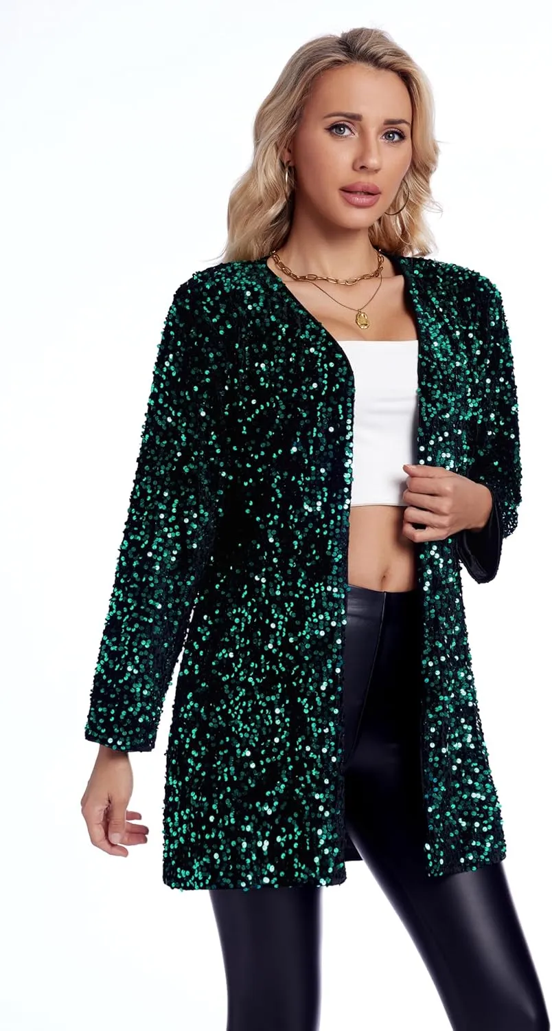 Women's Sequin Jacket Sparkly Blazer Open Front Glitter Cardigan Long Sleeve Coat for Casual Party Cocktail