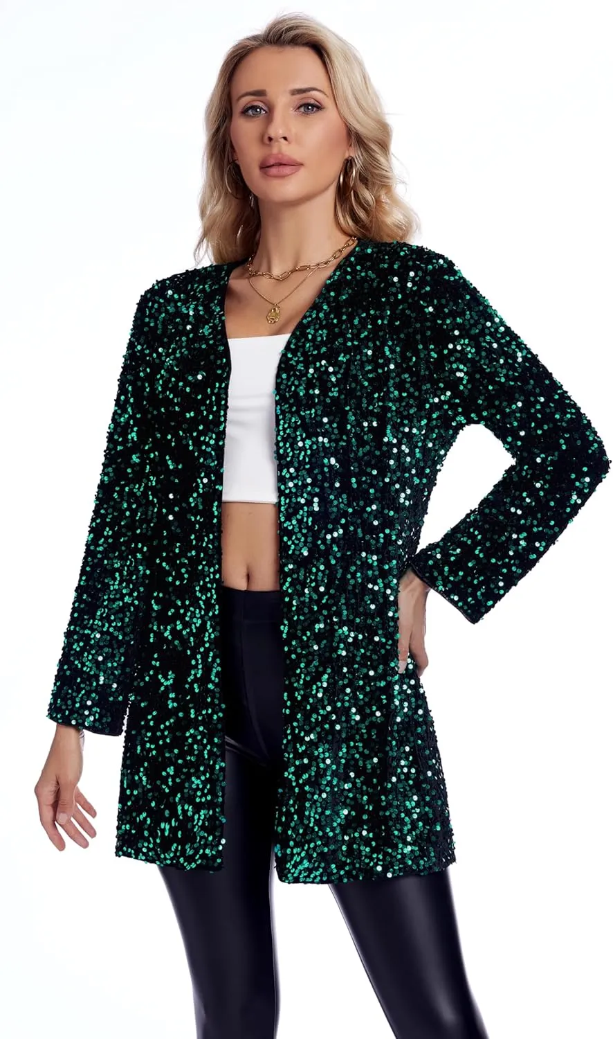 Women's Sequin Jacket Sparkly Blazer Open Front Glitter Cardigan Long Sleeve Coat for Casual Party Cocktail