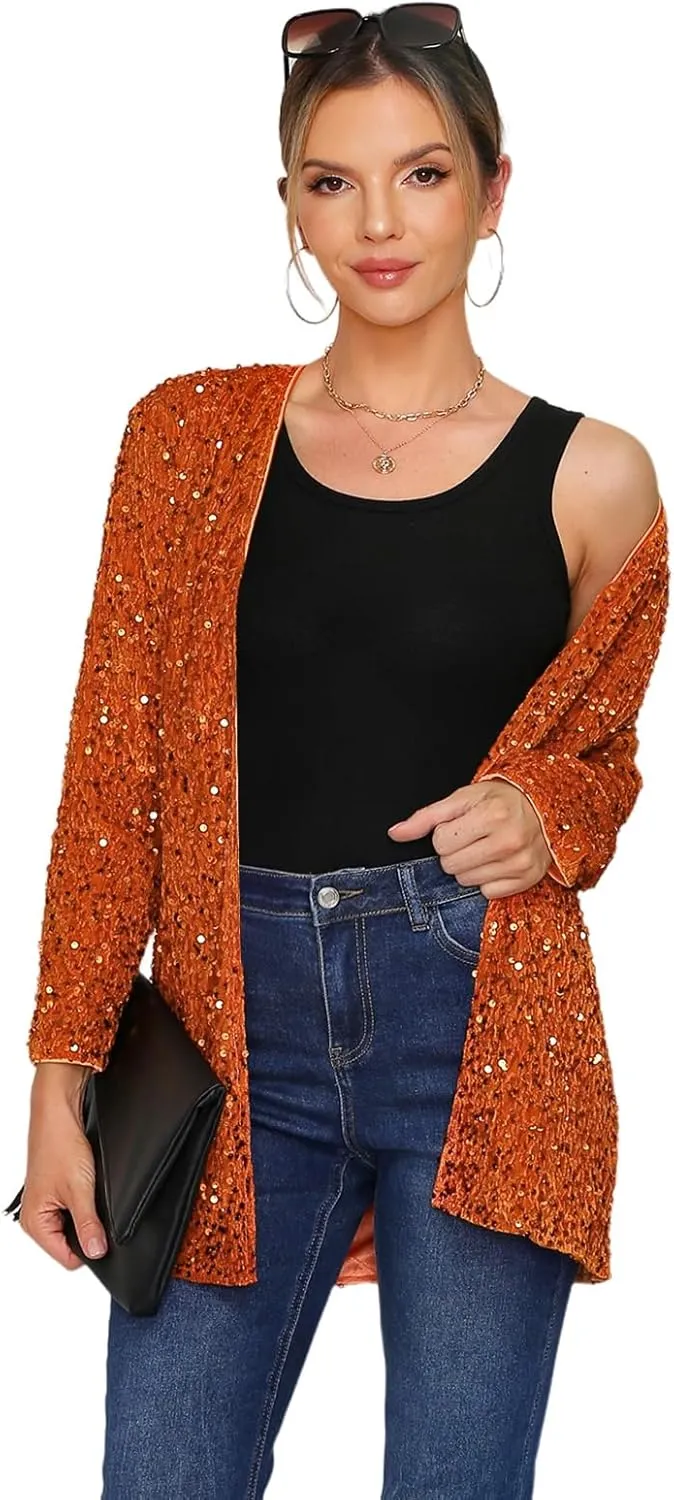 Women's Sequin Jacket Sparkly Blazer Open Front Glitter Cardigan Long Sleeve Coat for Casual Party Cocktail