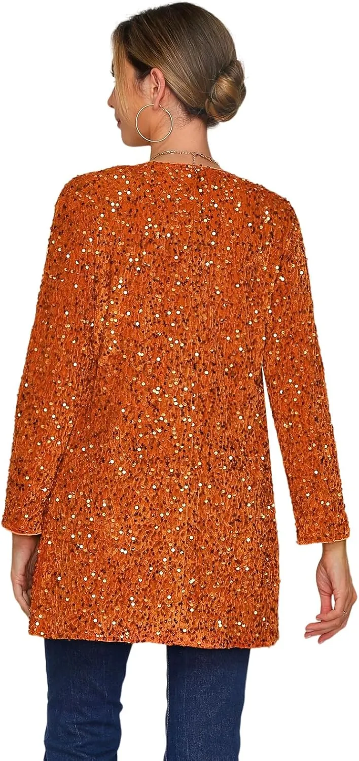 Women's Sequin Jacket Sparkly Blazer Open Front Glitter Cardigan Long Sleeve Coat for Casual Party Cocktail