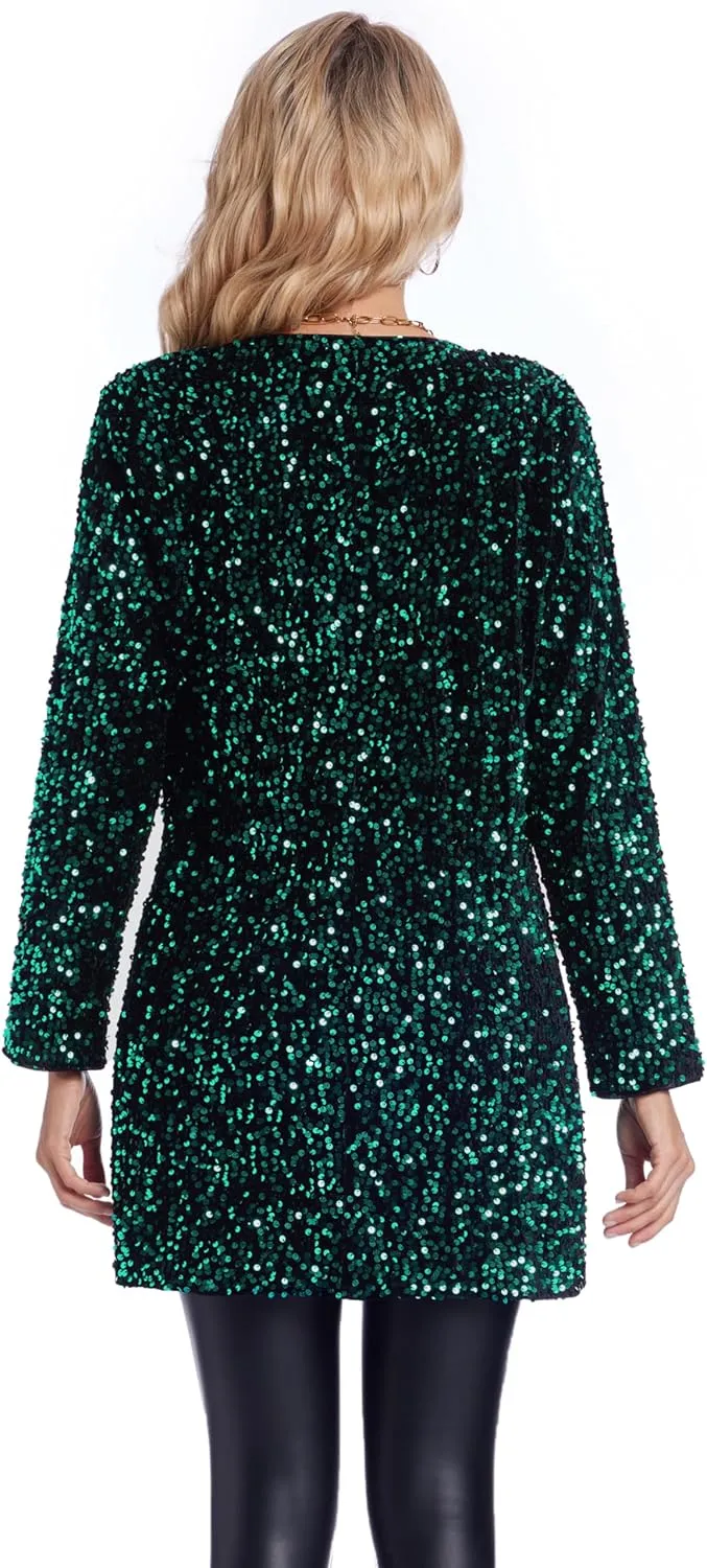 Women's Sequin Jacket Sparkly Blazer Open Front Glitter Cardigan Long Sleeve Coat for Casual Party Cocktail