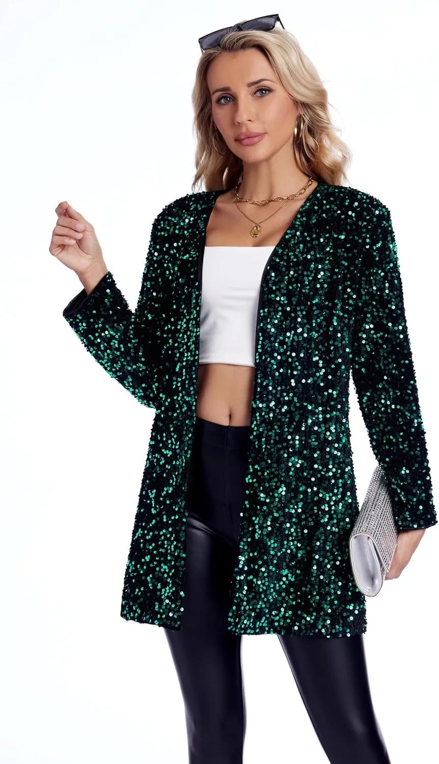 Women's Sequin Jacket Sparkly Blazer Open Front Glitter Cardigan Long Sleeve Coat for Casual Party Cocktail