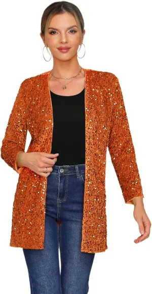 Women's Sequin Jacket Sparkly Blazer Open Front Glitter Cardigan Long Sleeve Coat for Casual Party Cocktail