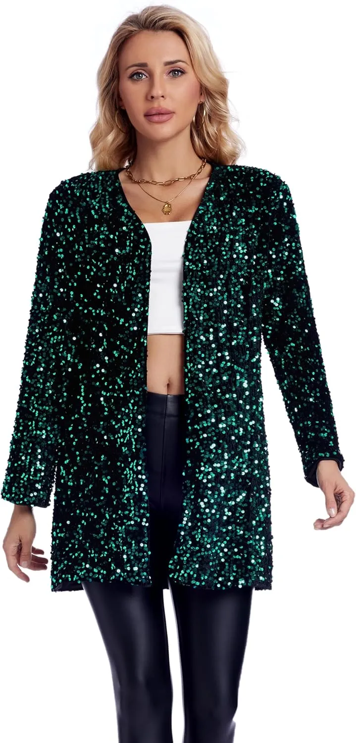 Women's Sequin Jacket Sparkly Blazer Open Front Glitter Cardigan Long Sleeve Coat for Casual Party Cocktail