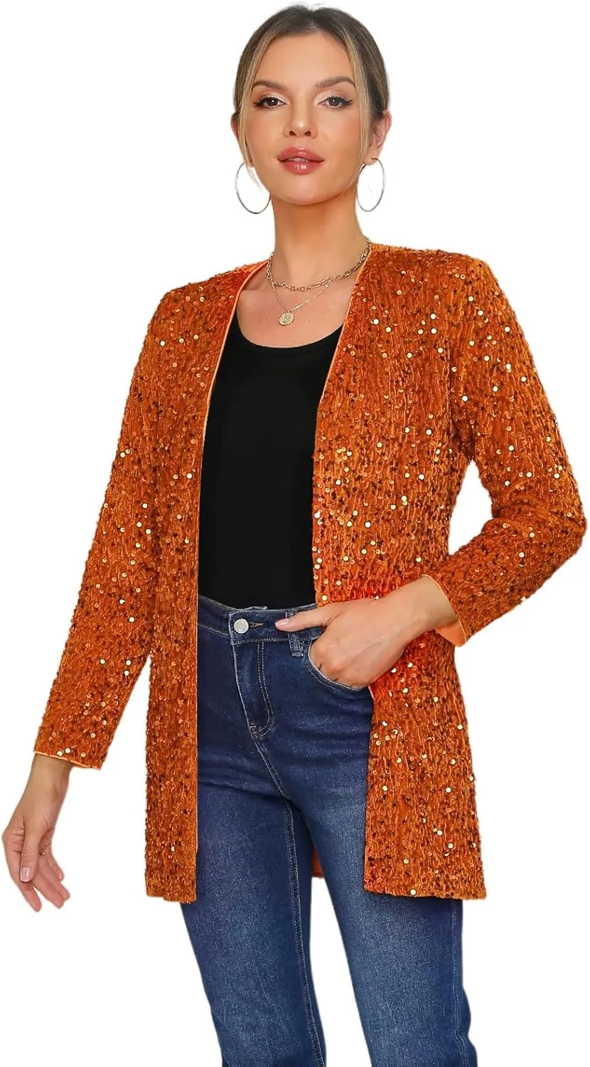 Women's Sequin Jacket Sparkly Blazer Open Front Glitter Cardigan Long Sleeve Coat for Casual Party Cocktail