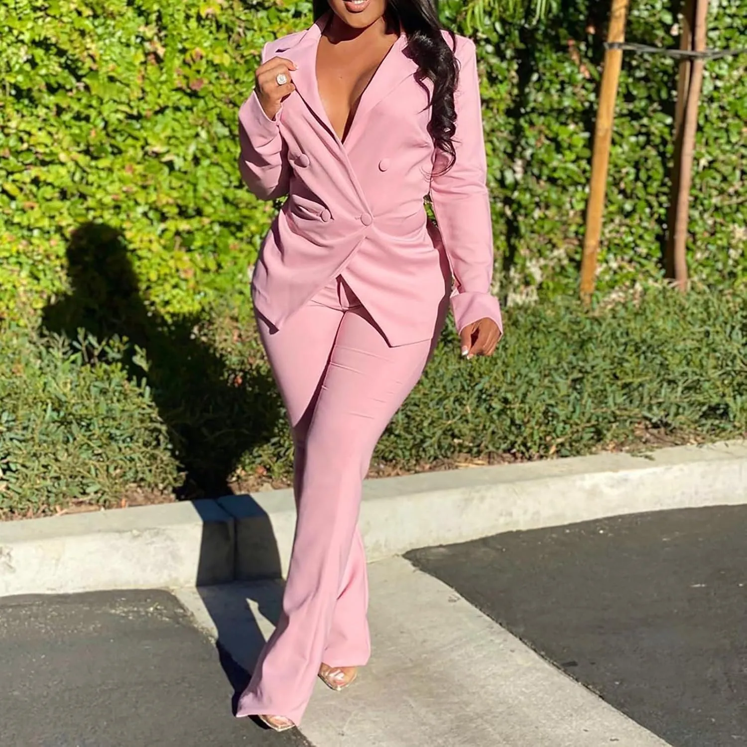 Women's Sexy Casual Pants Suit 2 Piece Business Outfits Solid Long Sleeve Blazer and Slim Fit Bell Bottoms Pant Sets