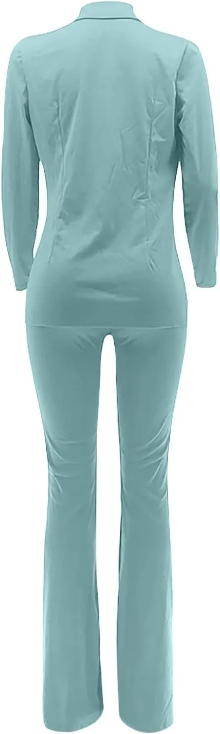 Women's Sexy Casual Pants Suit 2 Piece Business Outfits Solid Long Sleeve Blazer and Slim Fit Bell Bottoms Pant Sets