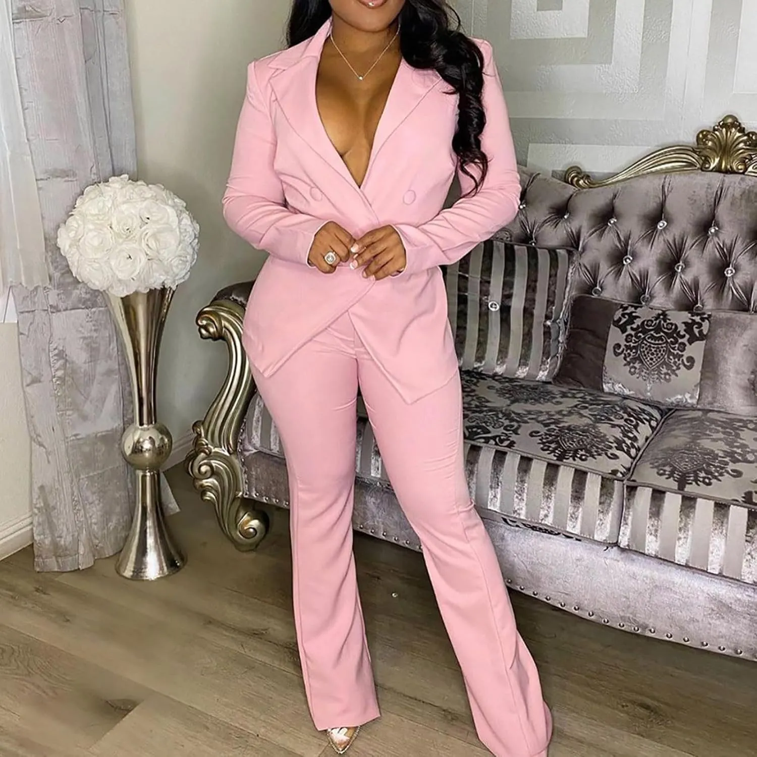 Women's Sexy Casual Pants Suit 2 Piece Business Outfits Solid Long Sleeve Blazer and Slim Fit Bell Bottoms Pant Sets
