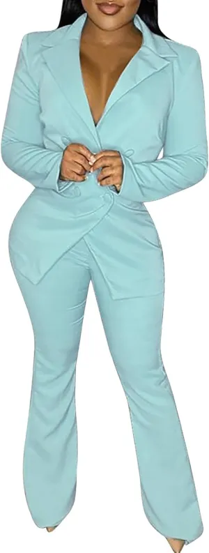 Women's Sexy Casual Pants Suit 2 Piece Business Outfits Solid Long Sleeve Blazer and Slim Fit Bell Bottoms Pant Sets