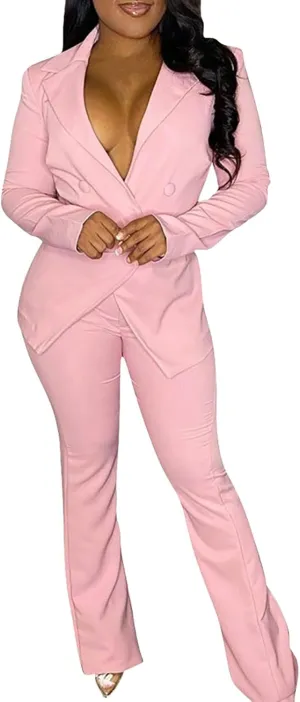 Women's Sexy Casual Pants Suit 2 Piece Business Outfits Solid Long Sleeve Blazer and Slim Fit Bell Bottoms Pant Sets