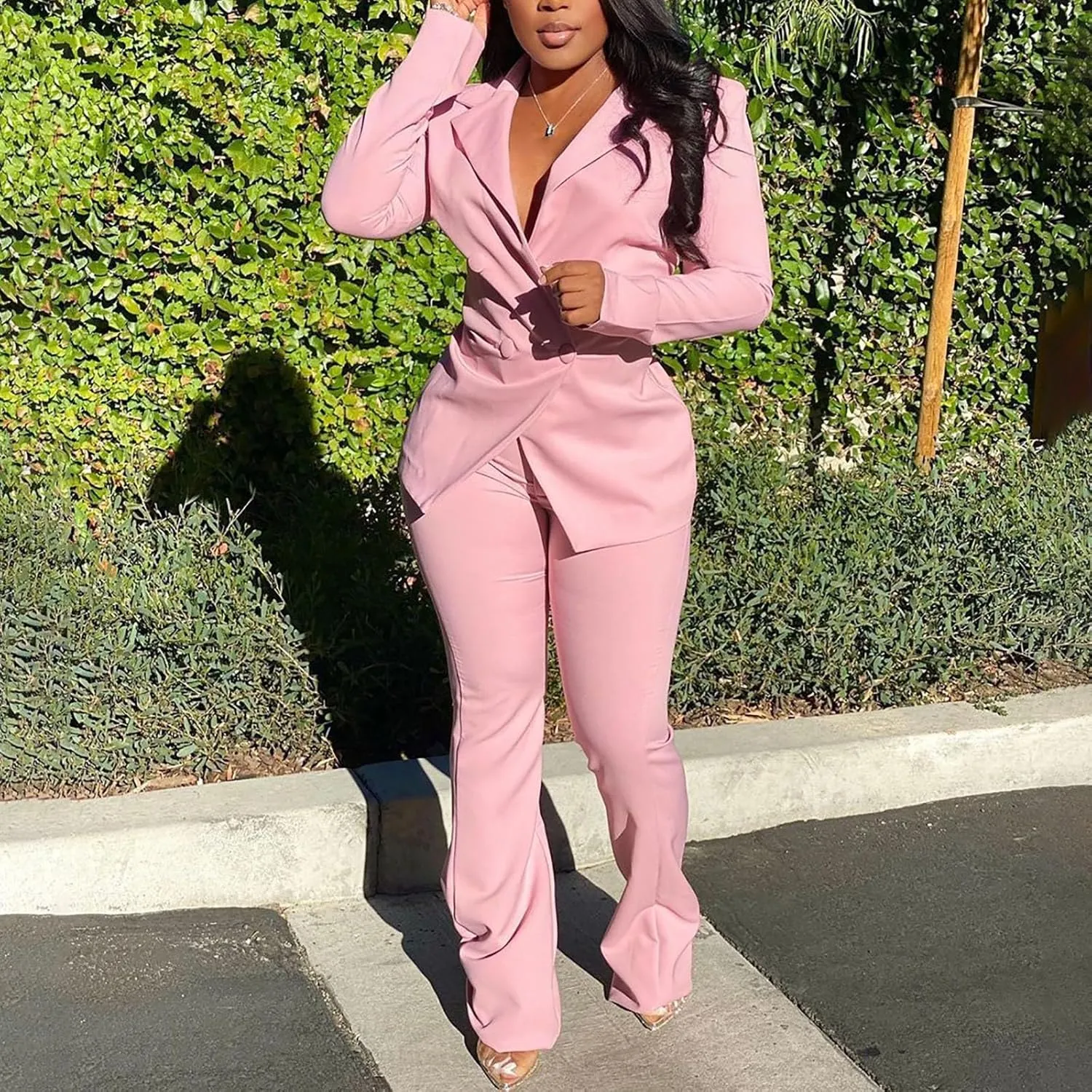 Women's Sexy Casual Pants Suit 2 Piece Business Outfits Solid Long Sleeve Blazer and Slim Fit Bell Bottoms Pant Sets