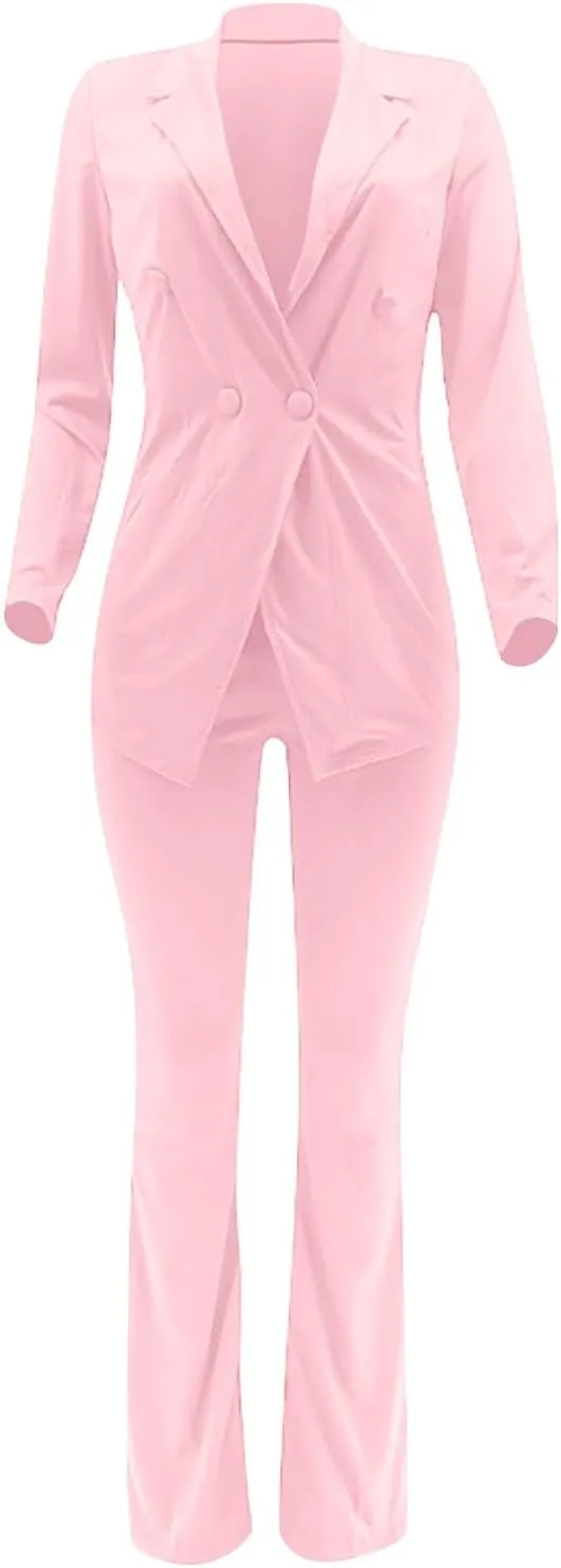 Women's Sexy Casual Pants Suit 2 Piece Business Outfits Solid Long Sleeve Blazer and Slim Fit Bell Bottoms Pant Sets