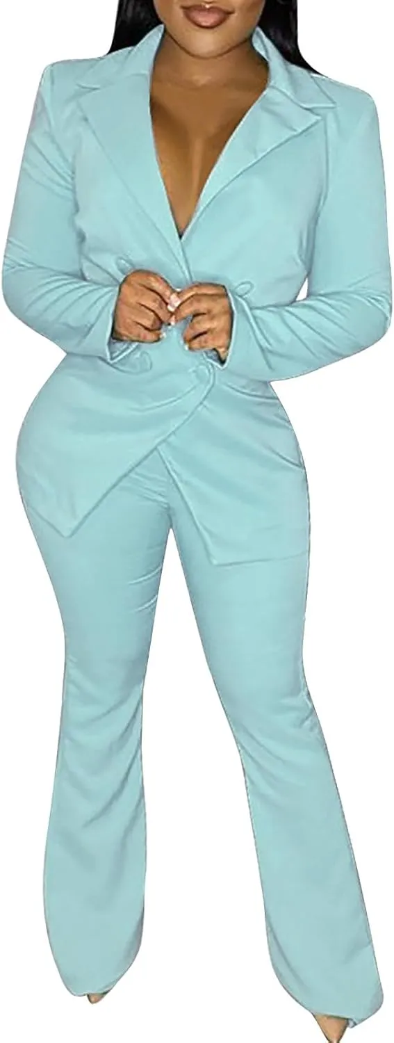 Women's Sexy Casual Pants Suit 2 Piece Business Outfits Solid Long Sleeve Blazer and Slim Fit Bell Bottoms Pant Sets