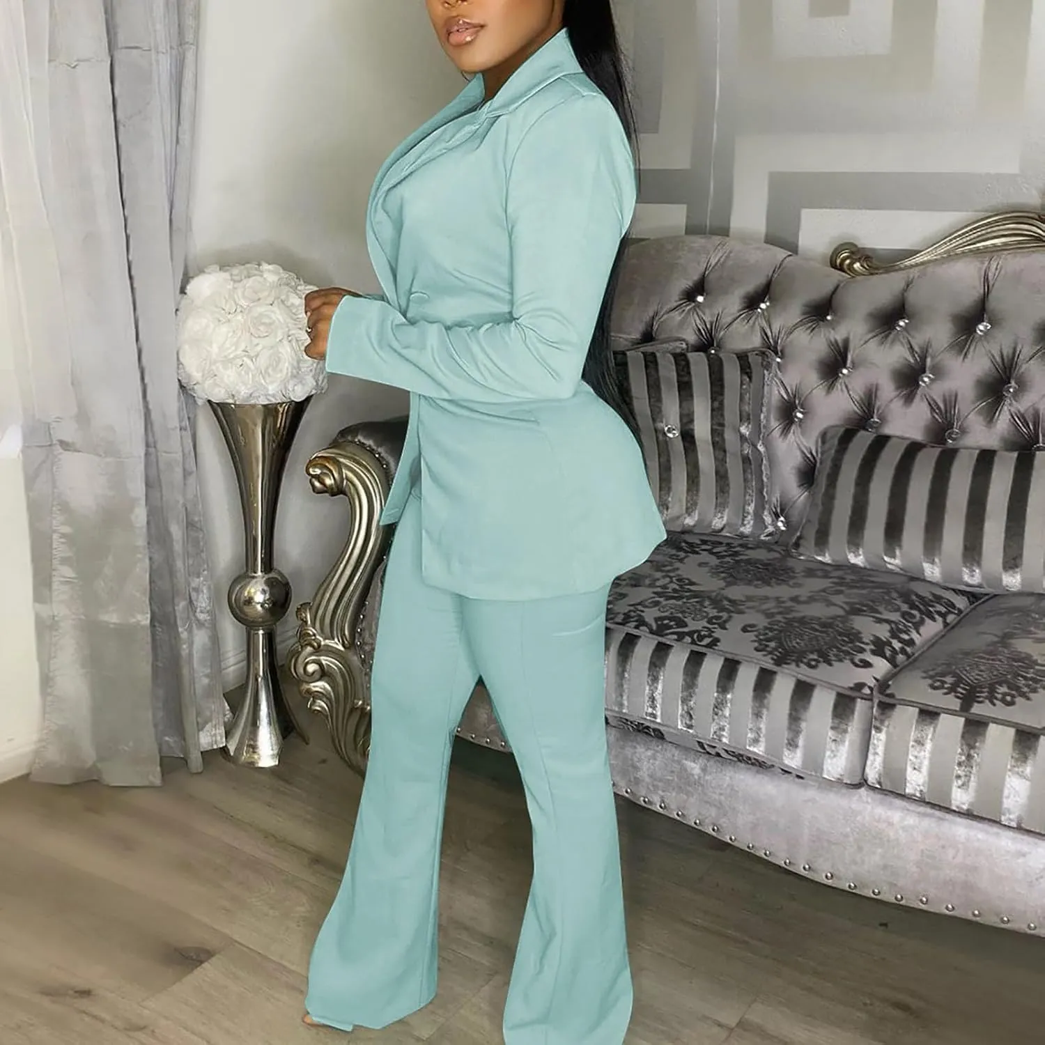 Women's Sexy Casual Pants Suit 2 Piece Business Outfits Solid Long Sleeve Blazer and Slim Fit Bell Bottoms Pant Sets