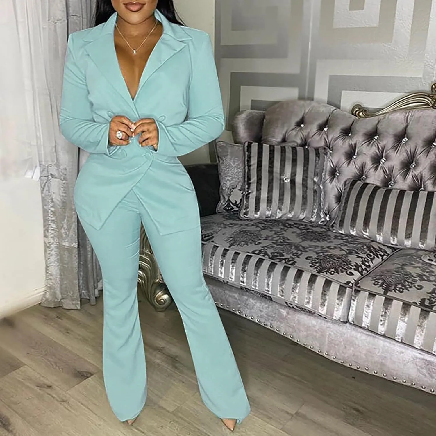 Women's Sexy Casual Pants Suit 2 Piece Business Outfits Solid Long Sleeve Blazer and Slim Fit Bell Bottoms Pant Sets