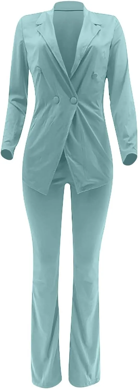 Women's Sexy Casual Pants Suit 2 Piece Business Outfits Solid Long Sleeve Blazer and Slim Fit Bell Bottoms Pant Sets