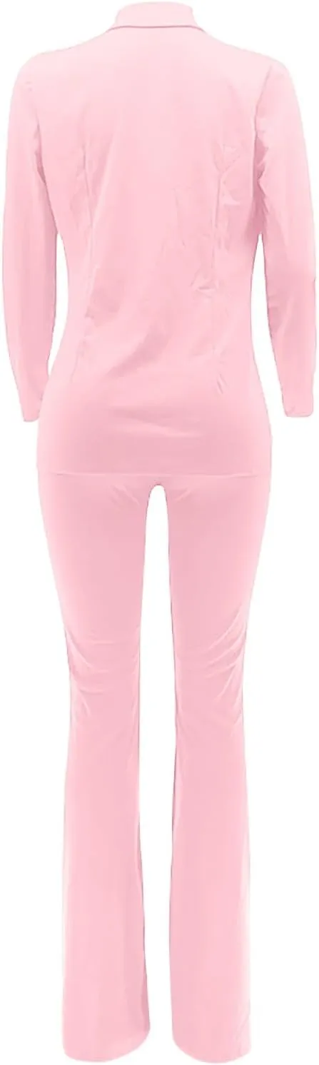 Women's Sexy Casual Pants Suit 2 Piece Business Outfits Solid Long Sleeve Blazer and Slim Fit Bell Bottoms Pant Sets